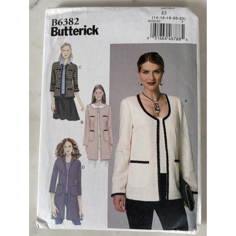 BUTTERICK 6382 - SEMI-FITTED LINED JACKET SIZE 14, 16, 18, 20 & 22 Uncut FF